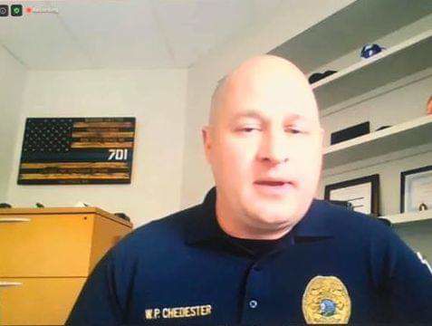 West Virginia University Police Chief W.P. Chedester participates in a University video conference with a Blue Lives Matter flag on display. The piece received backlash and Chedester has apologized.